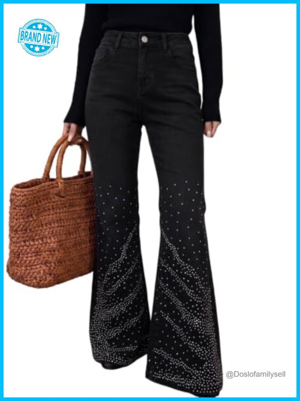 Dokotoo Flare Bell Bottom Jeans High Waisted Rhinestone Wide Leg